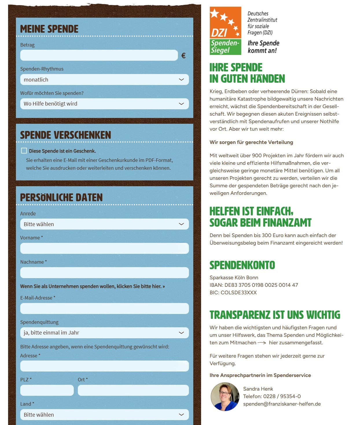 Spendenformular Franziskaner Helfen