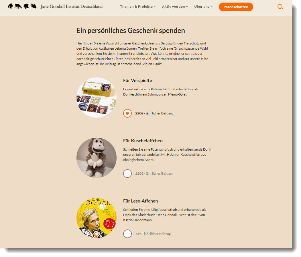 Das Jane Godall Institute bietet im Spendenshop Dankesgeschenke für die Übernahme von Patenschaften.