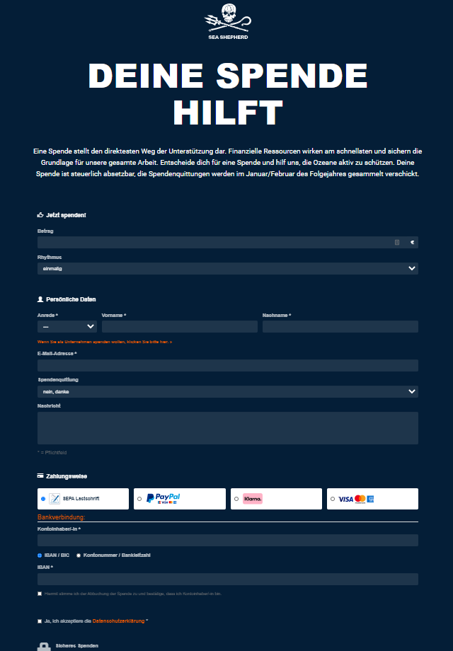 Online Spenden sammeln Formular SeaShepherd