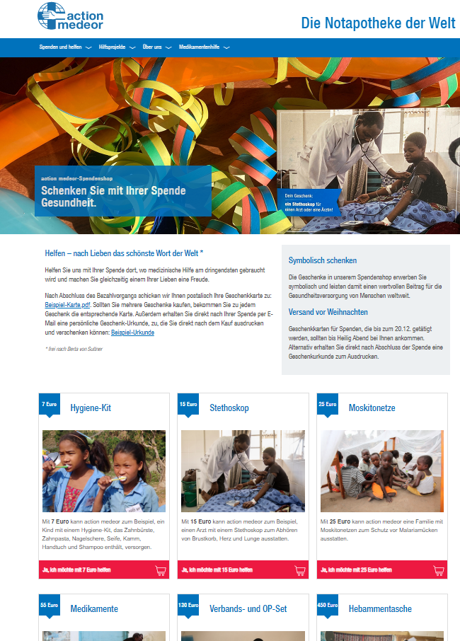 Screenshot Spendenshop Action Medeor