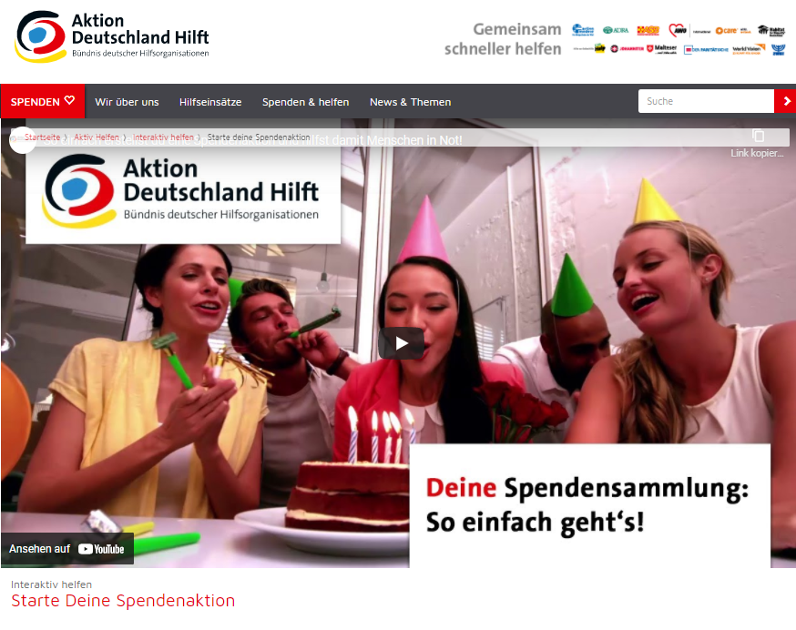 Beispiel Screenshot von einer Spendenaktion Aktion Deutschland Hilft