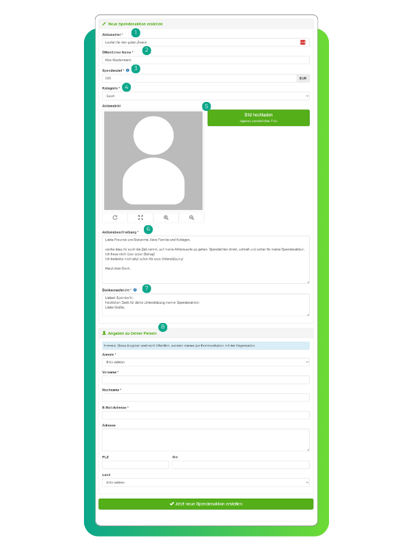 Spendenaktion starten Formular
