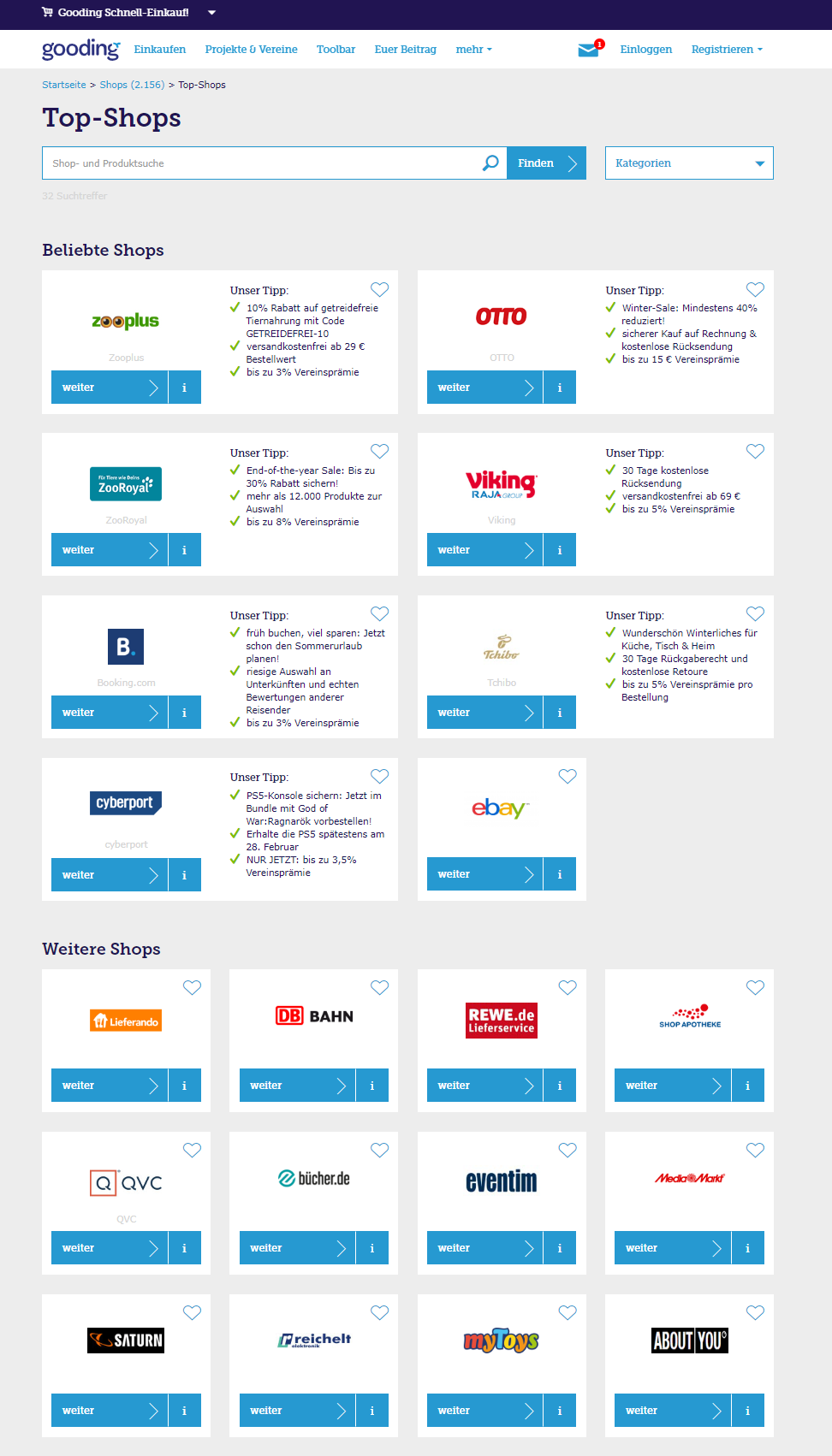 Screenshot einer Auswahl an Shops, die bei Gooding mitmachen