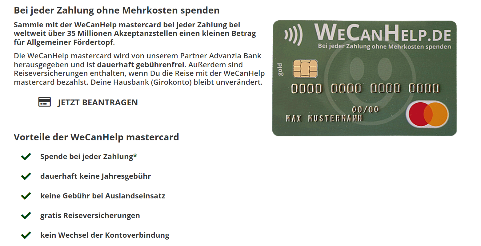 Screenshot der WeCanHelp Mastercard zum Charity Shopping