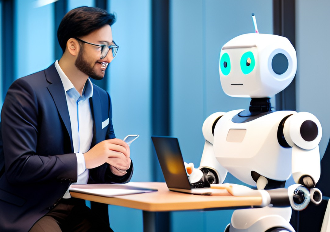 Ein Mann unterhält sich mit einem Roboter künstliche Intelligenz