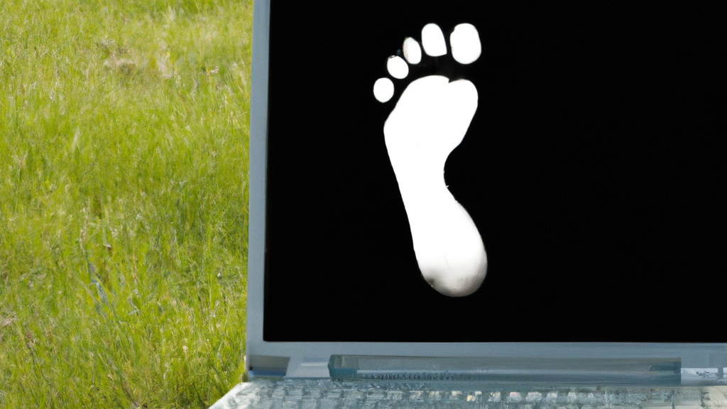 Ein Laptop auf dem Gras. Auf dem Bildschirm ist ein Fußabdruck zu sehen