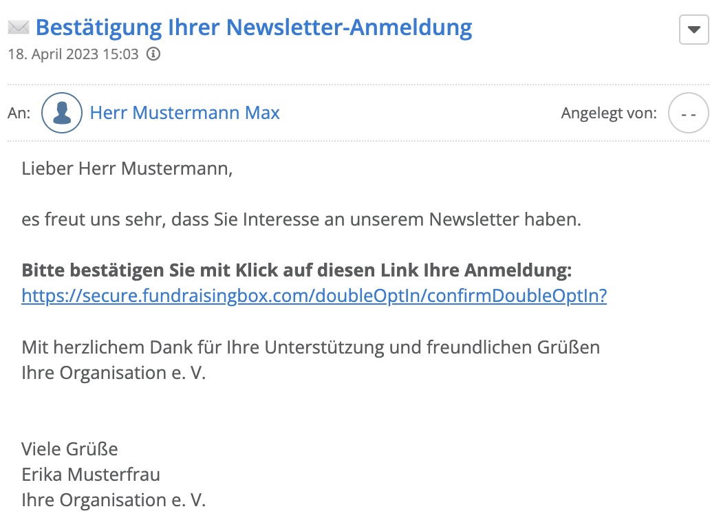 Beispiel-Mail nach der DOI-Bestätigung in der FundraisingBox