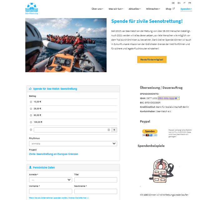 Online spenden für die Seenotrettung von Sea-Watch