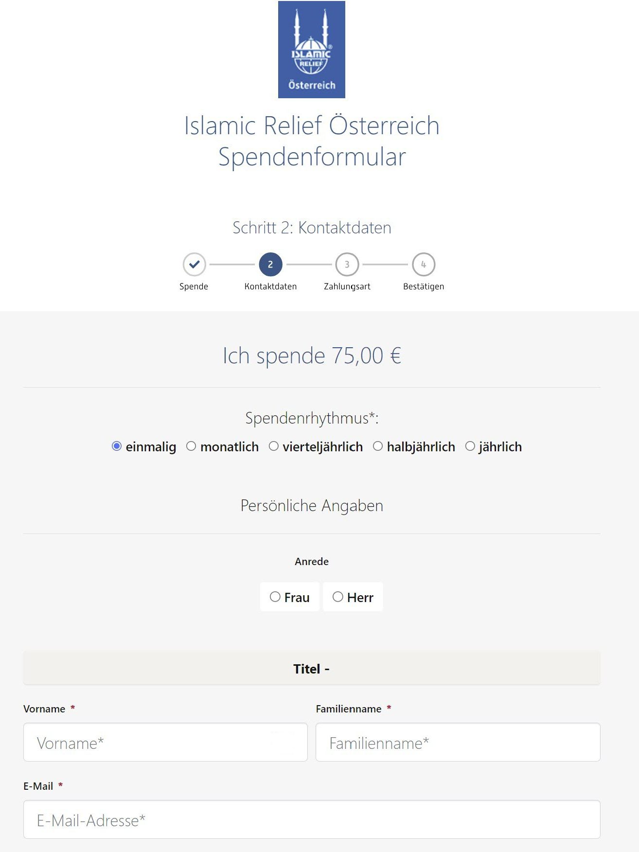 Beispiel wie Islamic Relief mehrschrittige Formulare der FundraisingBox nutzt