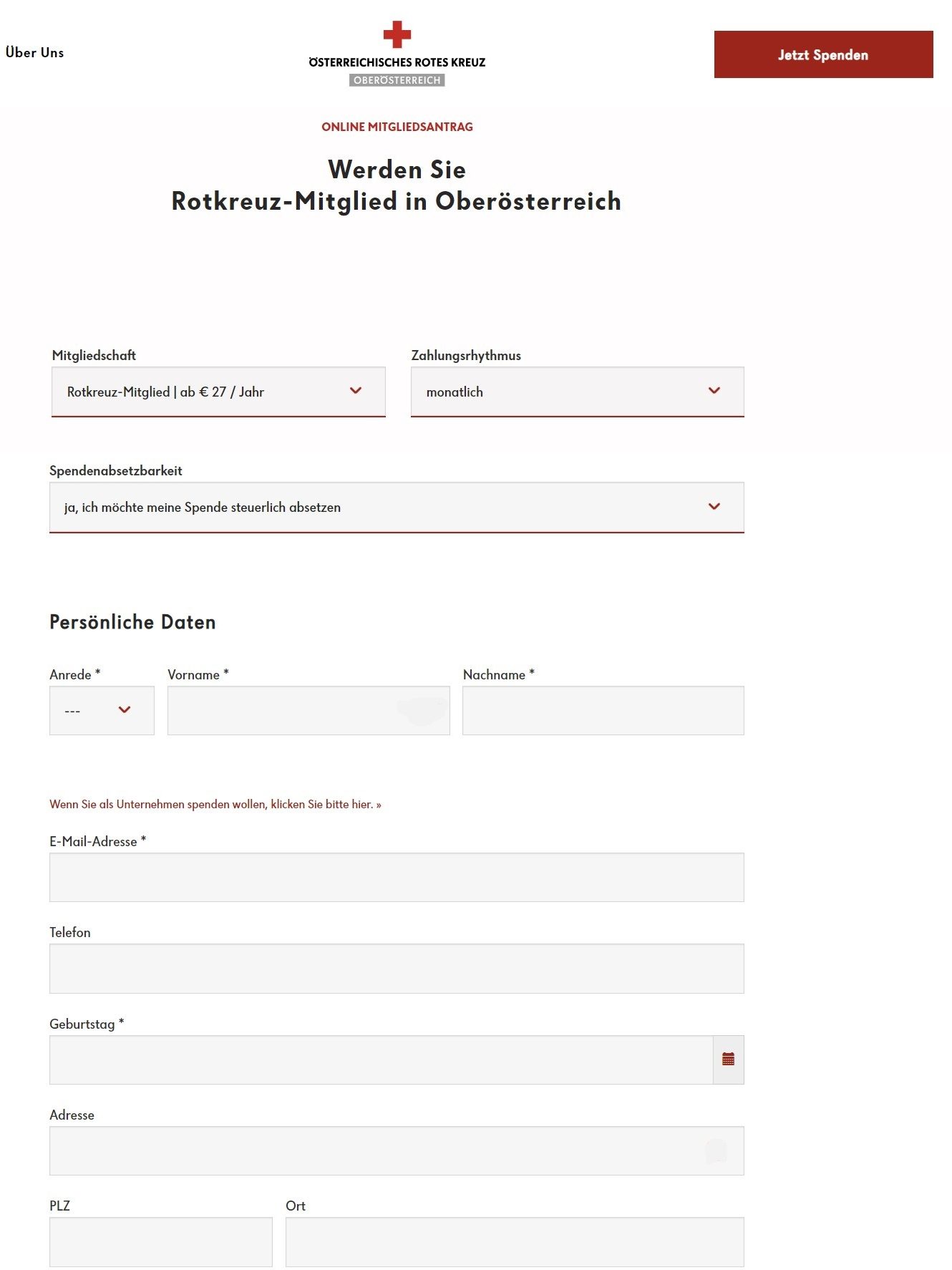 Beispiel für Spendenformular zur Mitgliedschaft Rotes Kreuz