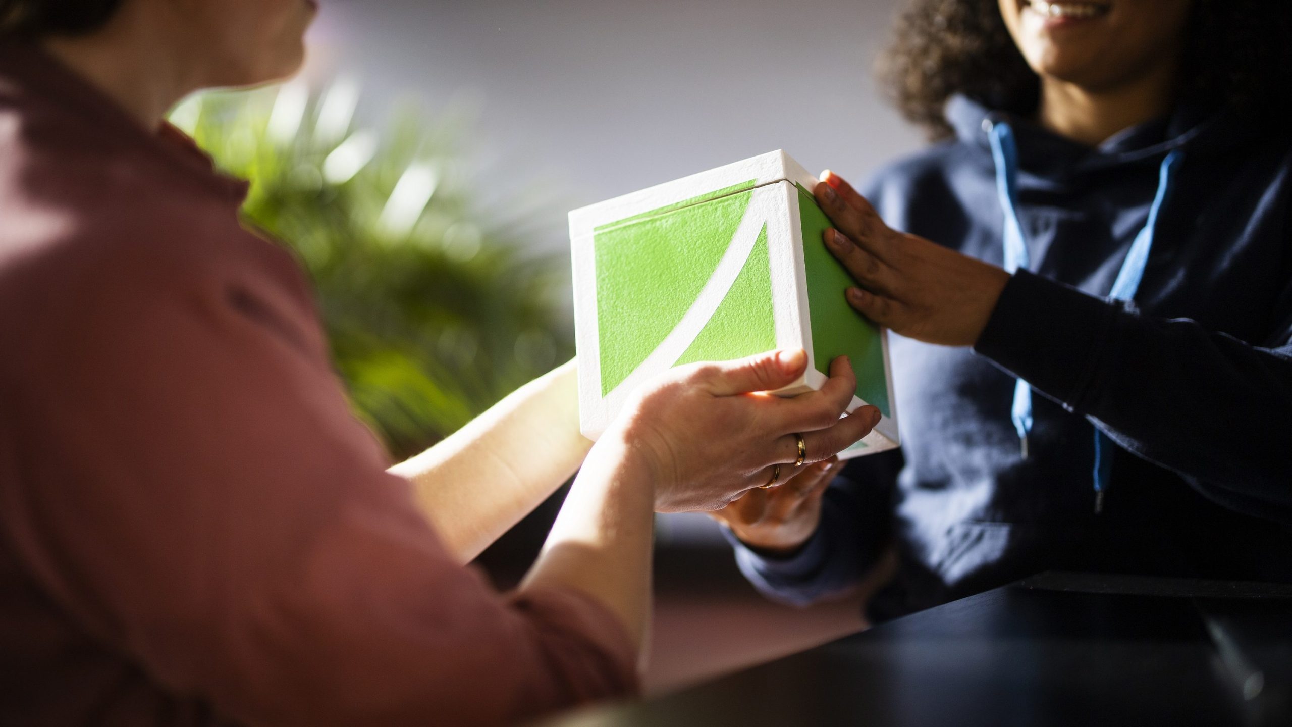 Zwei Personen halten einen FundraisingBox-Würfel aus Holz in der Hand
