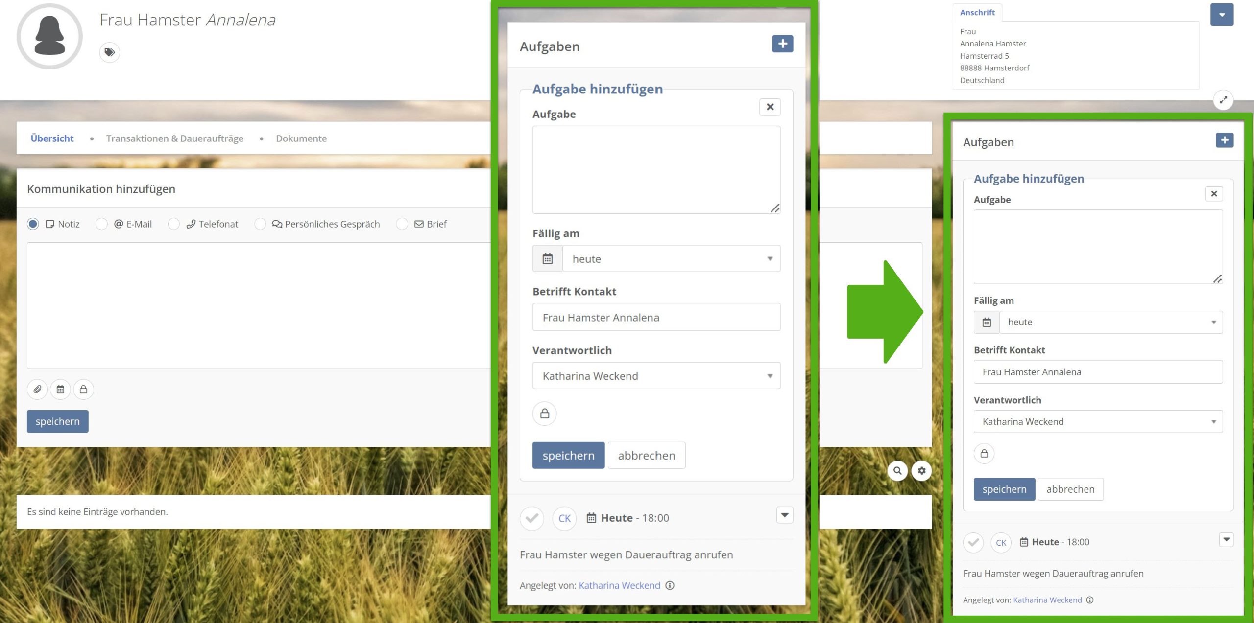 FundraisingBox Aufgaben in Kontakt anlegen