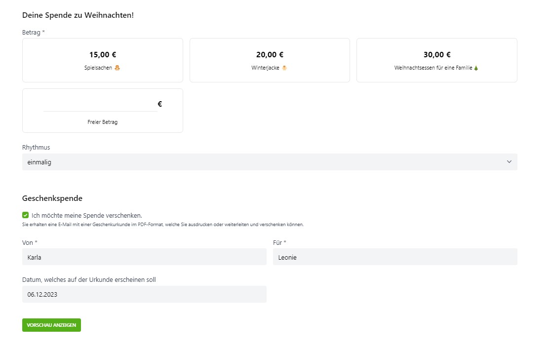 Spendenformular Polaris mit der Funktion Geschenkspende