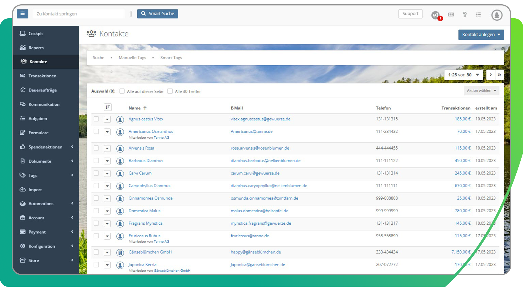 Unter Kontakte in Deinem CRM für NGOs bekommst Du eine Übersicht über all Deine Kontakte in der FundraisingBox.