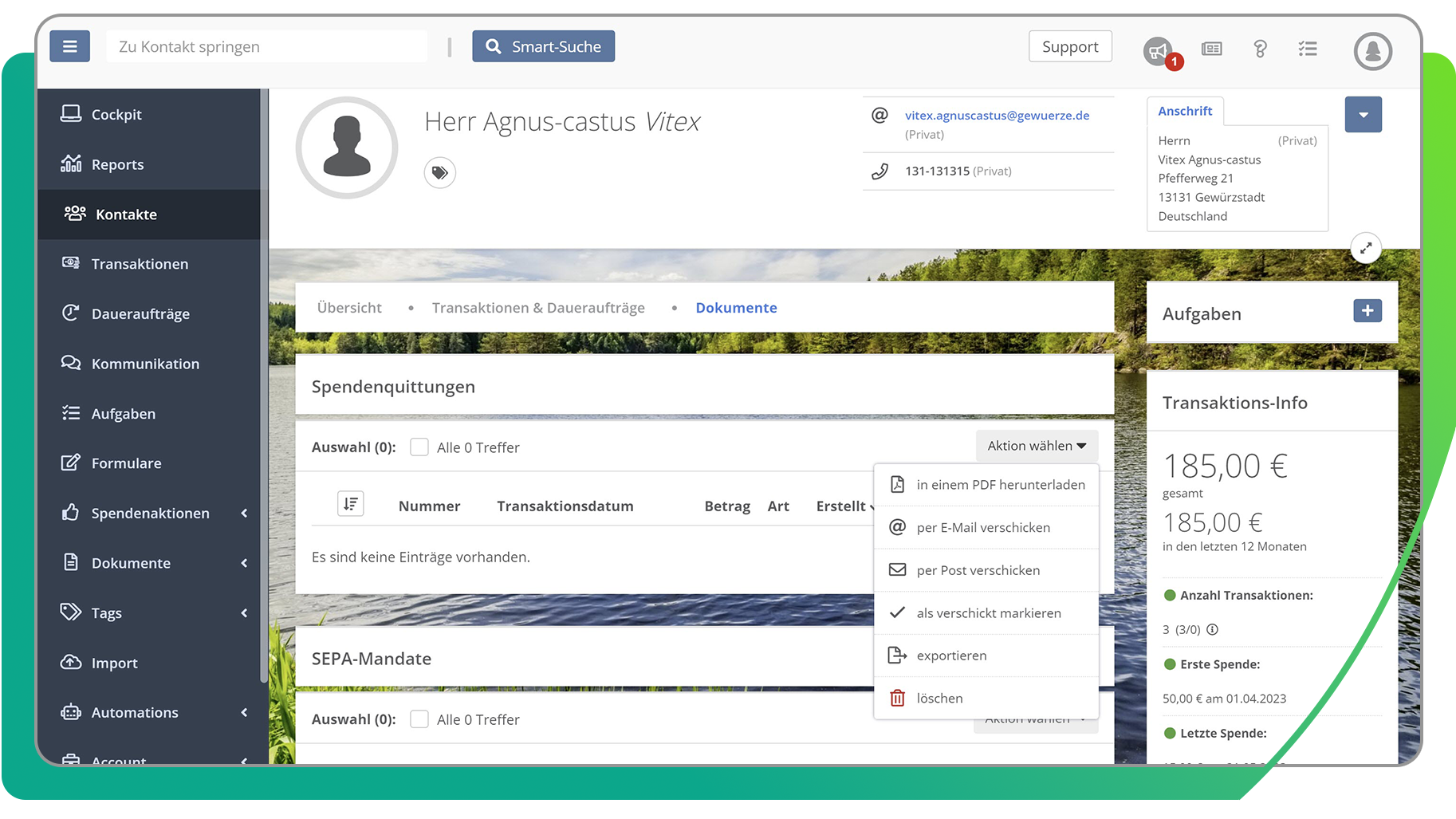 Im Kontakt selbst kannst Du jederzeit Spendenquittungen in der FundraisingBox ausstellen und versenden.