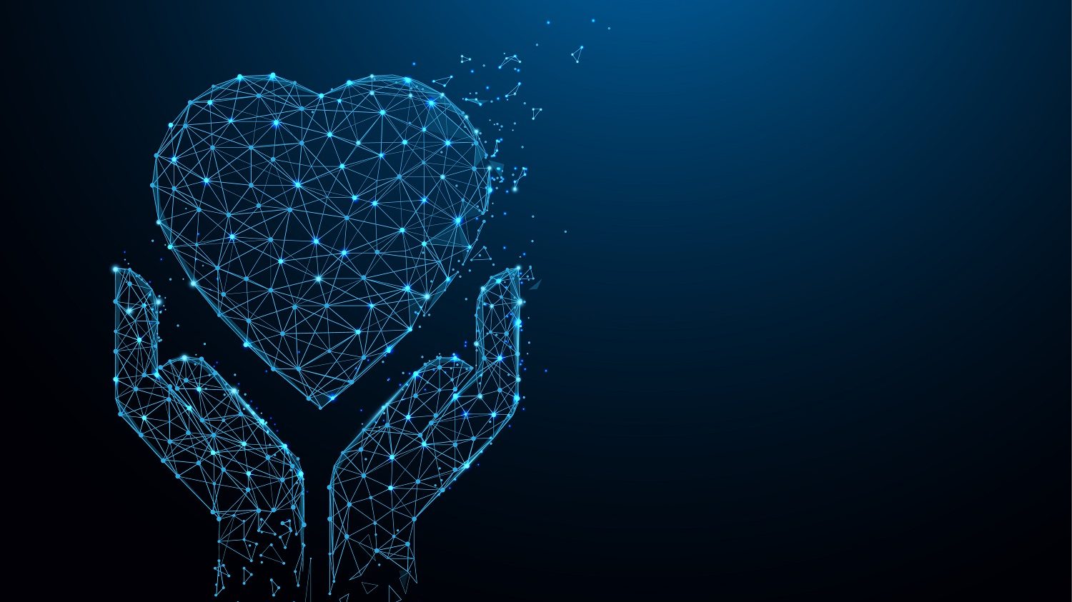 Grafik aus digitalen Knotenpunkten, die ein Herz in zwei Händen darstellen