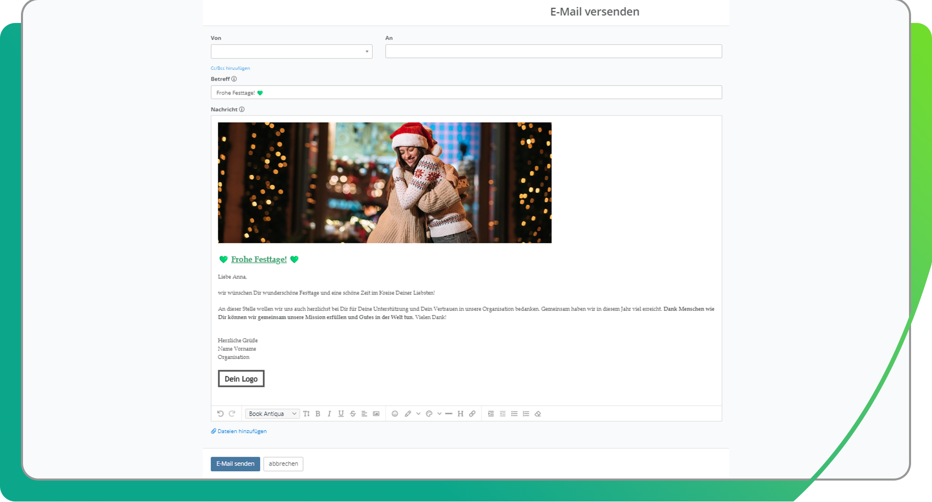 In der FundraisingBox kannst Du auch schön gestaltete HTML Mails an Deine Spender*innen versenden.