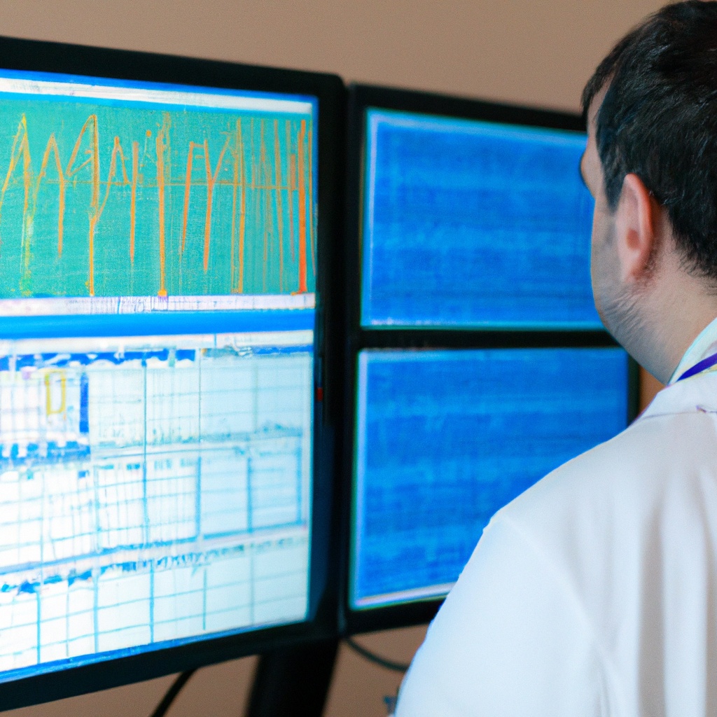 Ein Arzt der auf Bildschirme mit Daten und Grafiken schaut