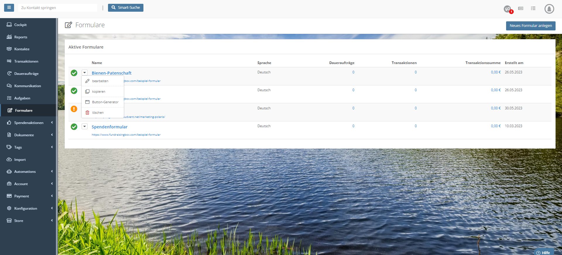Ansicht, wie man in der FundraisingBox in der Übersicht alles Formulare einen QR-Code generieren kann.