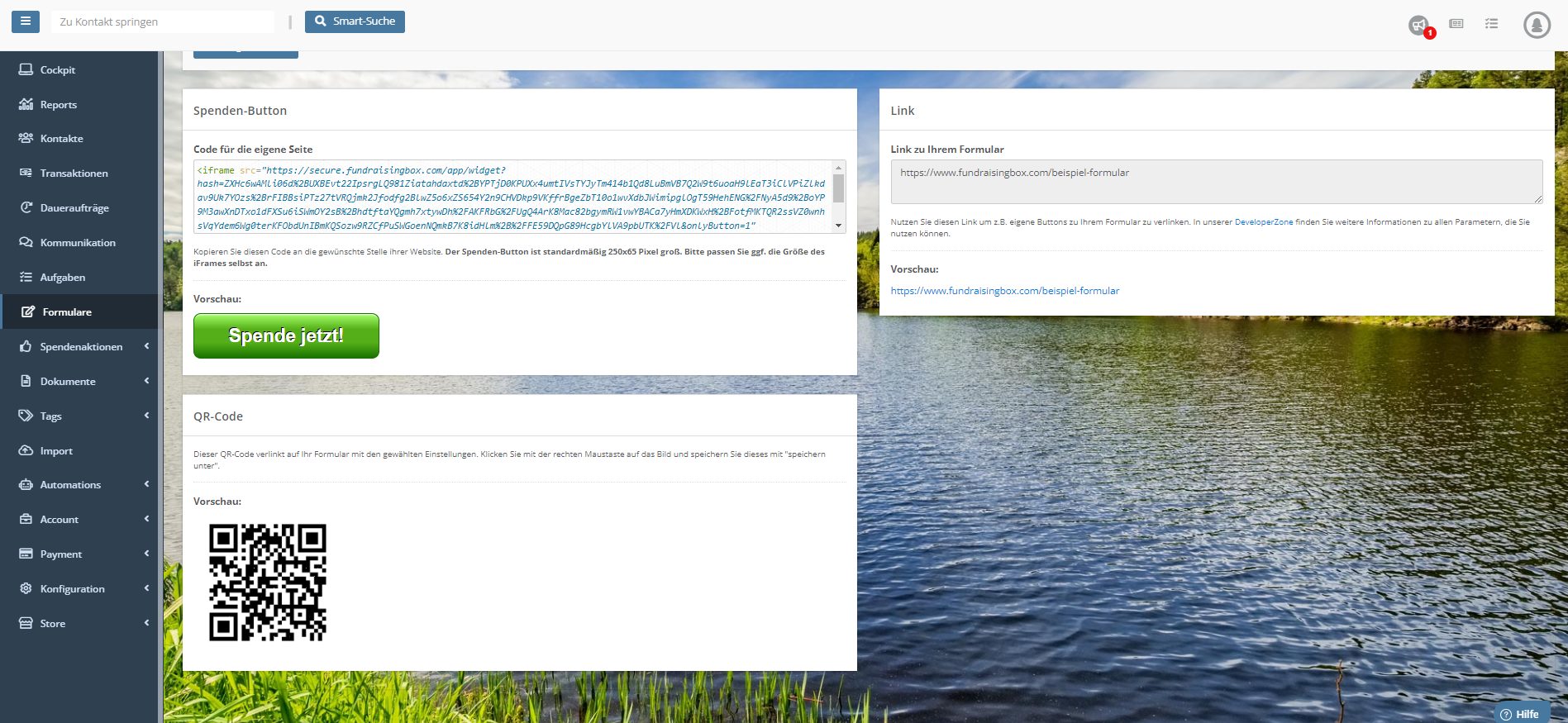 Übersicht über den generierten Button und den QR-Code im jeweiligen Formular in der FundraisingBox.