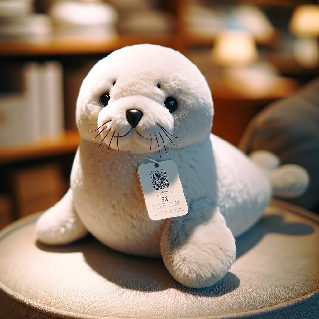 Plüschrobbe hat ein Preisschild um den Hals mit einem QR-Code.
