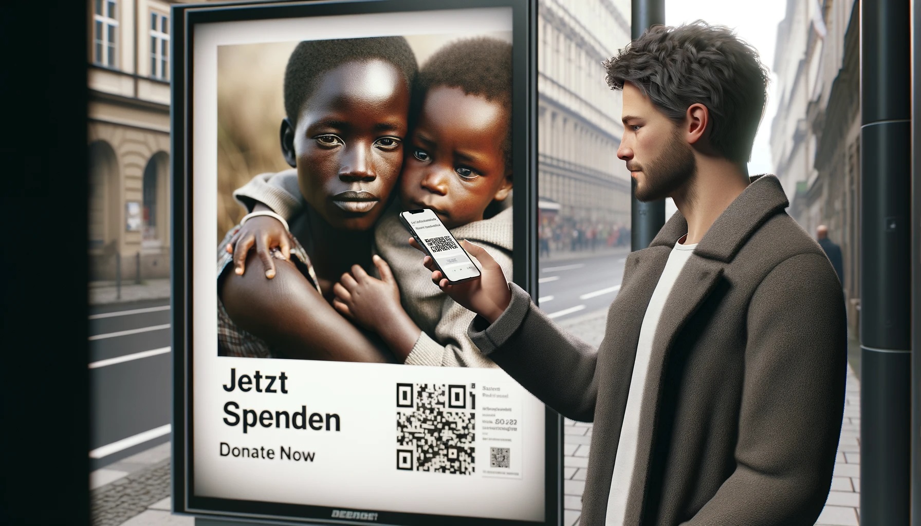 Mann hält Smartphone auf ein Out-of-Home Plakat, um den darauf abgebildeten QR-Code zu scannen.