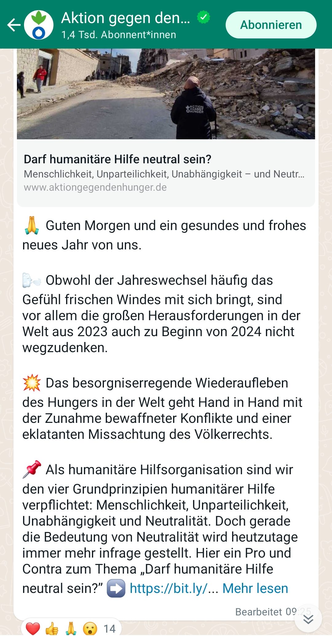 Screenshot Whatsapp Channel Aktion gegen den Hunger