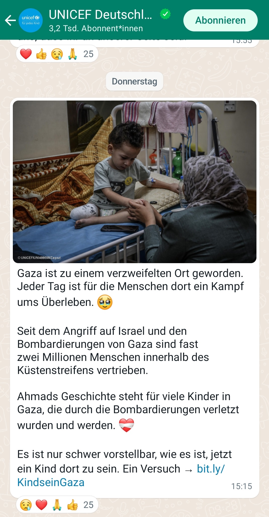 Screenshot Whatsapp Channel für Verein Aktion gegen den Hunger