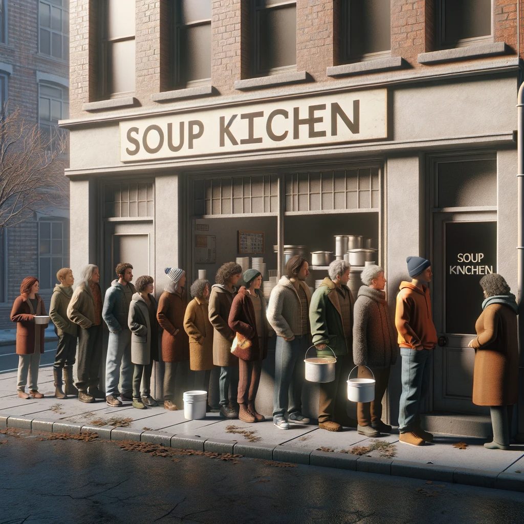 Menschen, die in einer Schlange vor einer Suppenküche anstehen