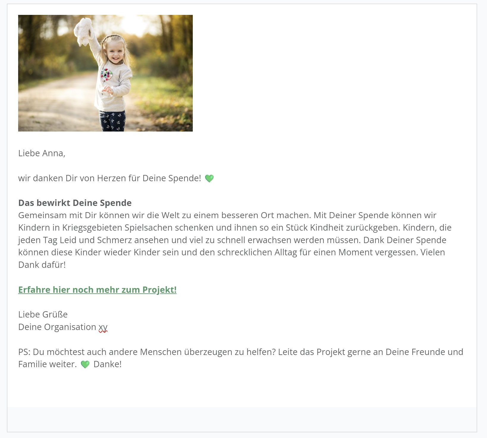 Danke sagen für Spenden geht über viele Möglichkeiten - wie diese E-Mail