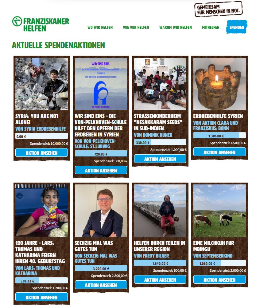 Umsetzung des Spendenaktion Tools der FundraisingBox auf der Website von Franziskaner Helfen