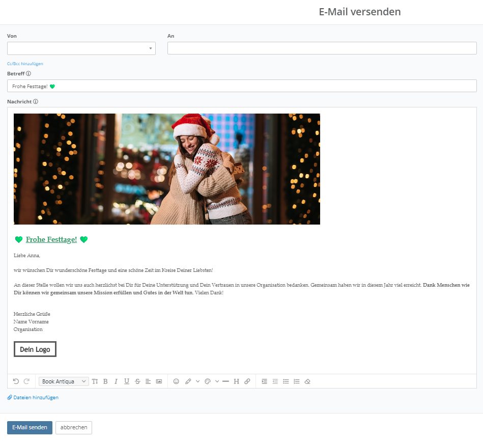 Beispiel eines Weihnachtsmailings mit HTML-Mail in der FundraisingBox