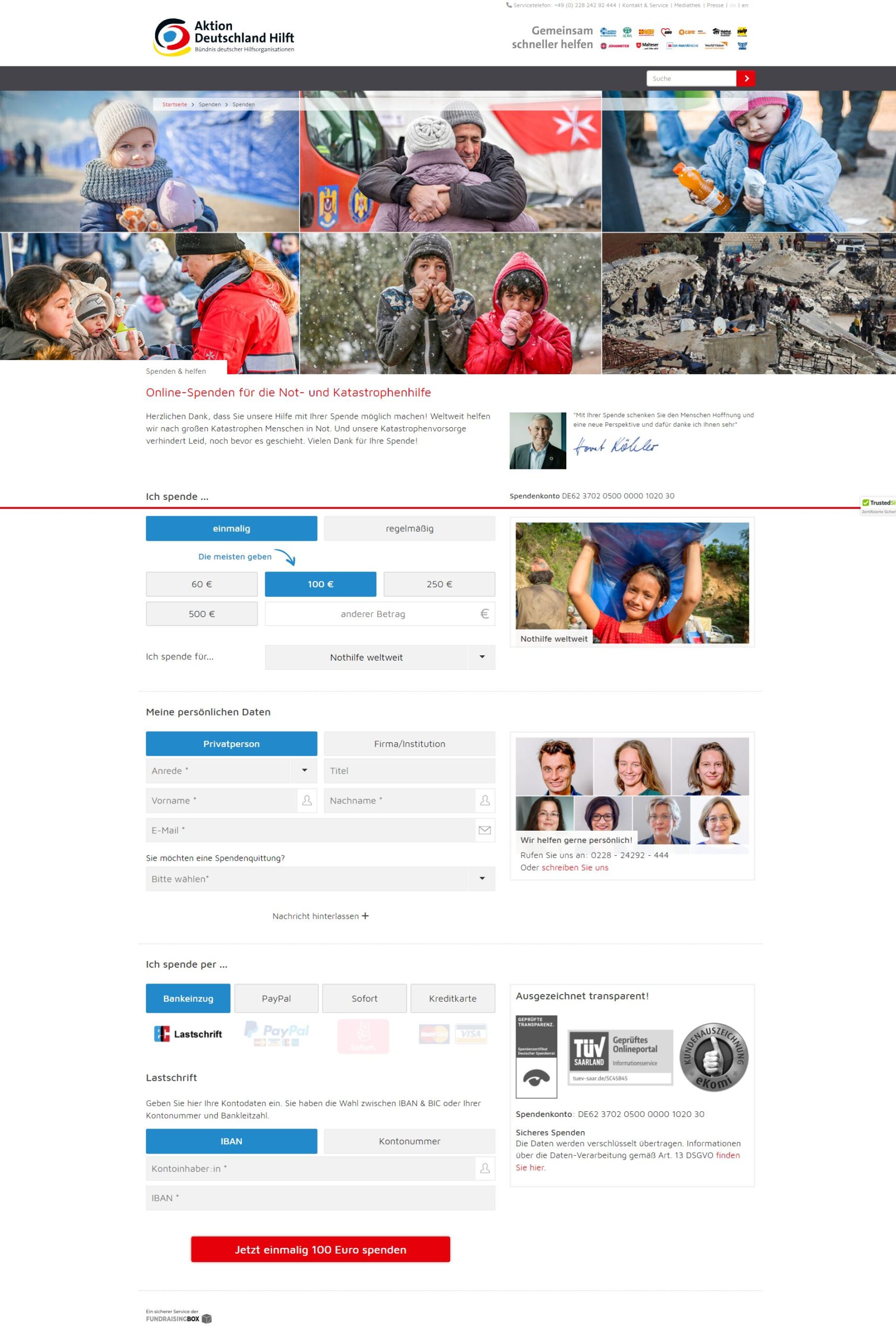 Das Spendenformular der FundraisingBox eingebettet auf der Website von Aktion Deutschland hilft.