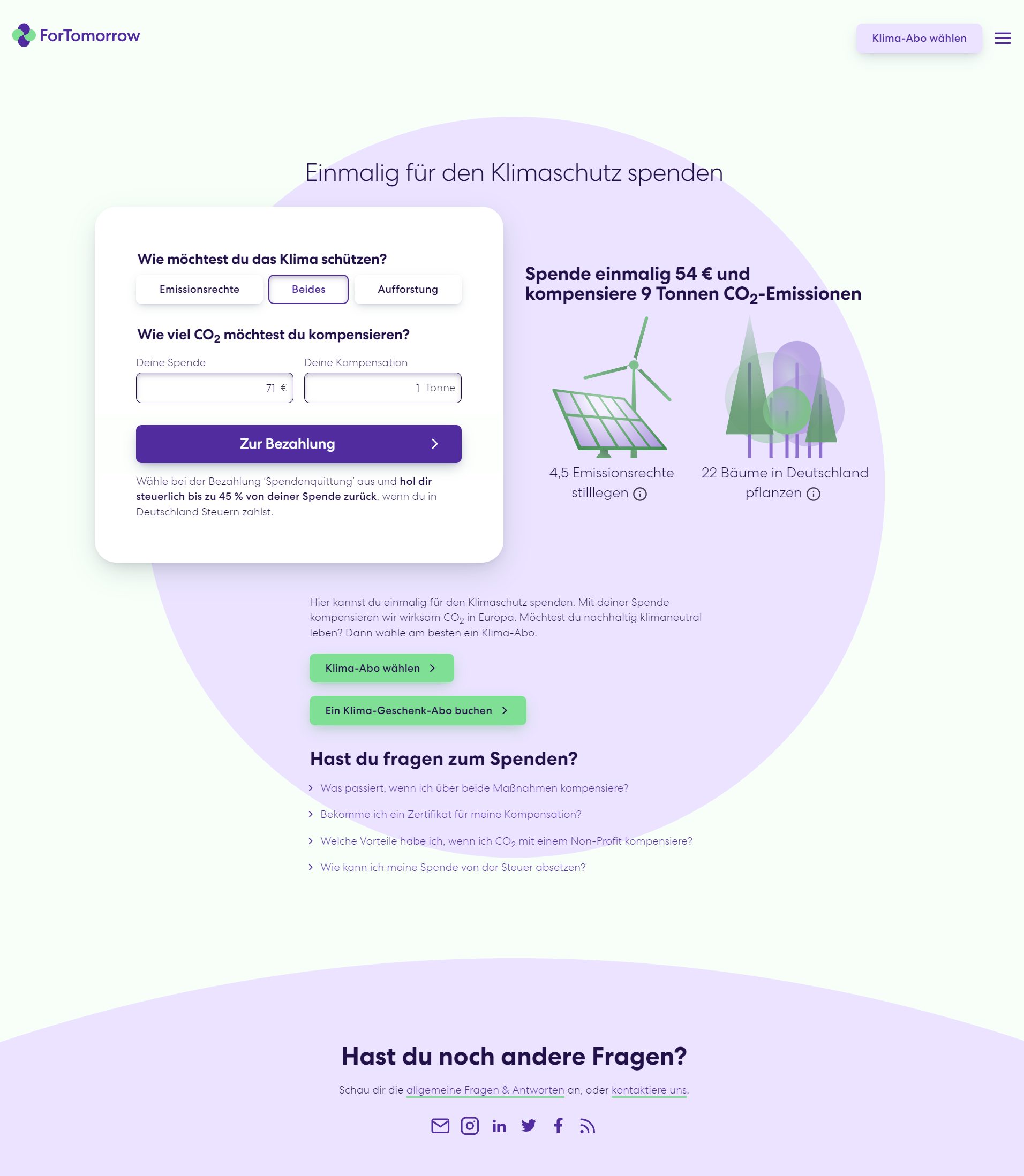 Spendenformular der FundraisingBox auf der Website von For Tomorrow