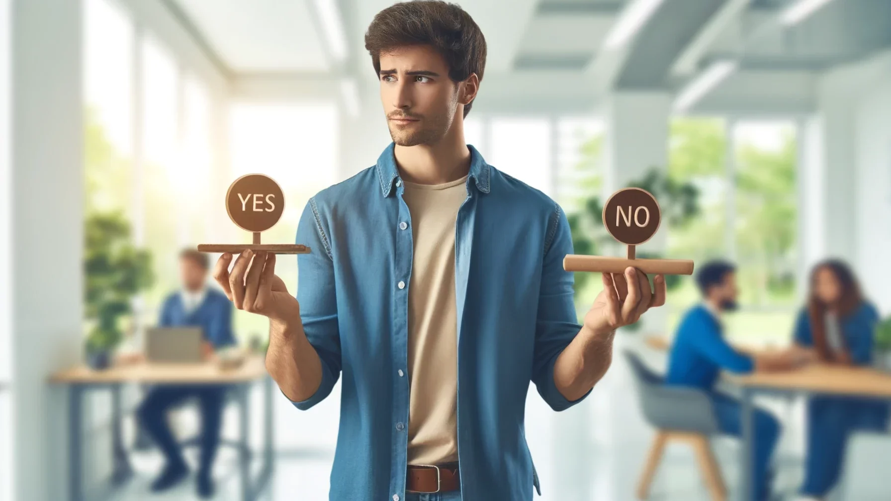 Ein Mann balanciert zwei Plättchen eins mit Ja und eins mit Nein