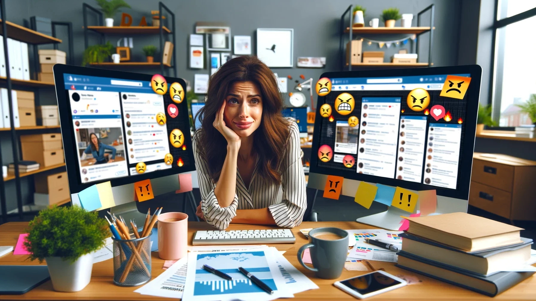 Frau umgeben von zwei Bildschirmen mit wütenden Emojis