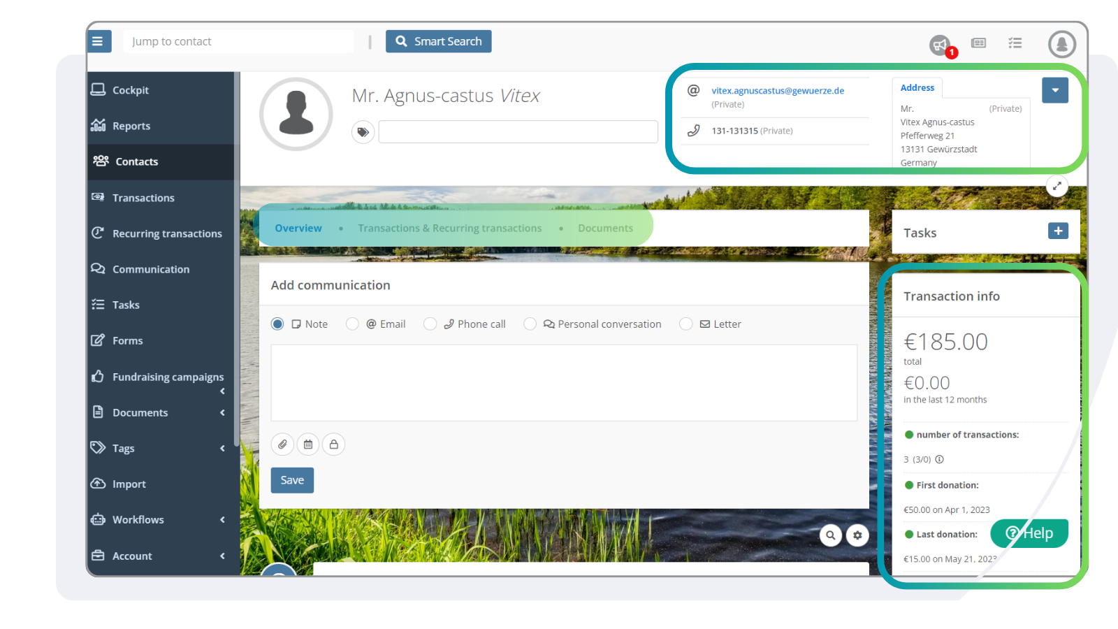 Contakt Overview in Detail in the FundraisingBox CRM