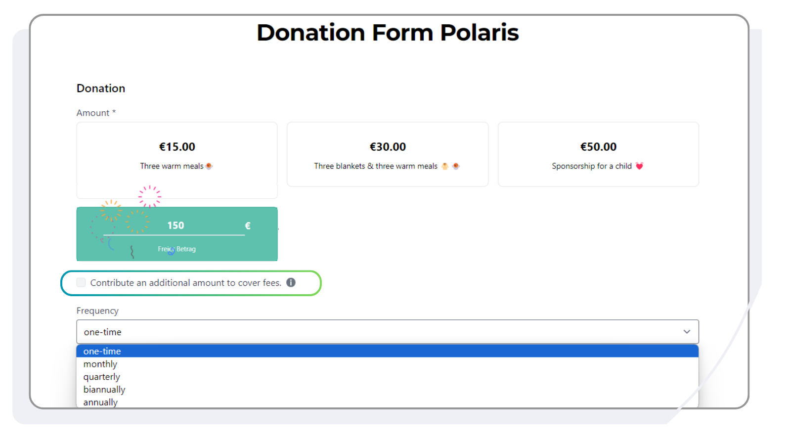 Donation Form Polaris of FundraisingBox. Raise Donations, Use Cover-the-fee and many more.