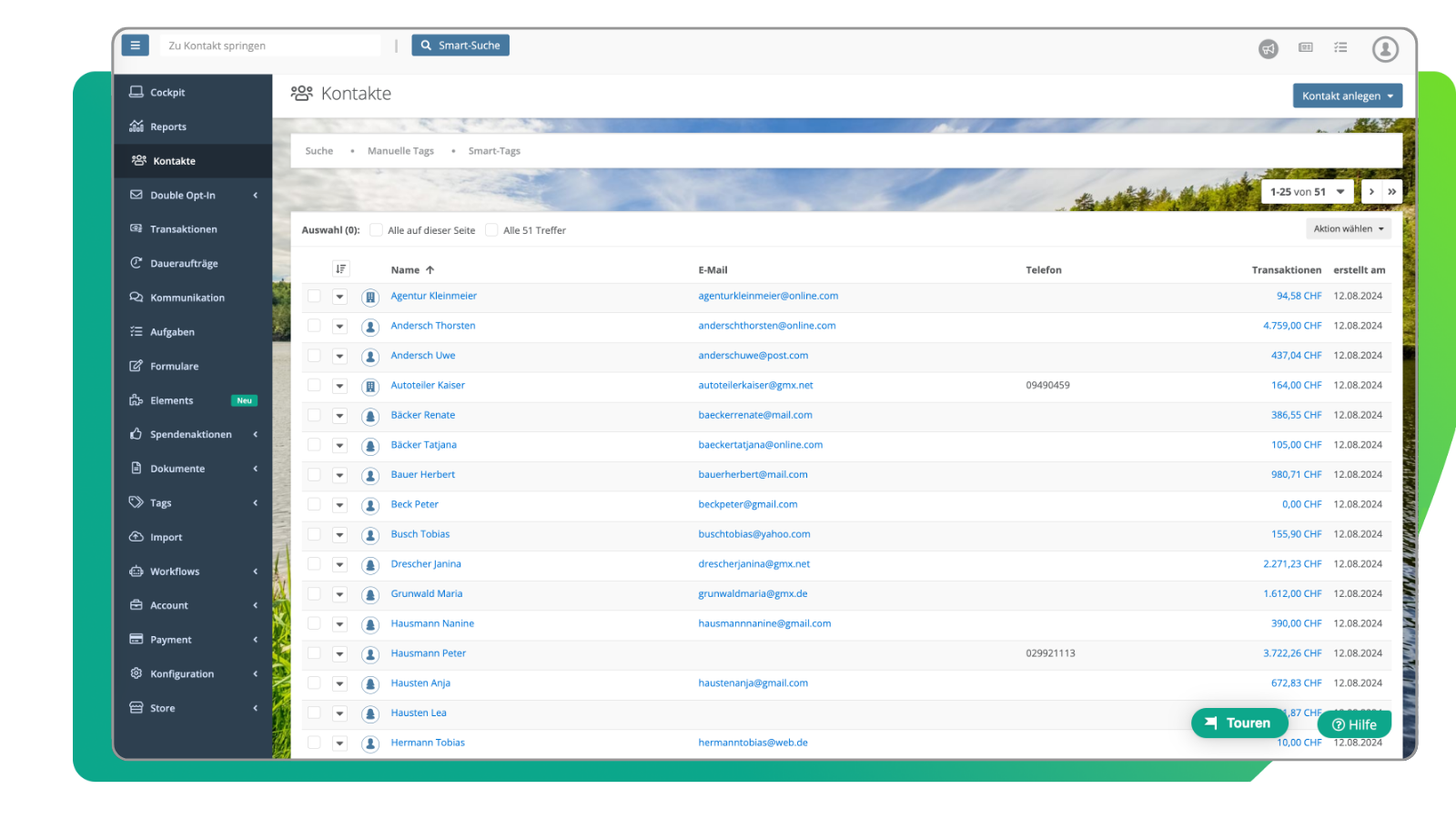Ansicht Kontakt- & Datenverwaltung in der FundraisingBox