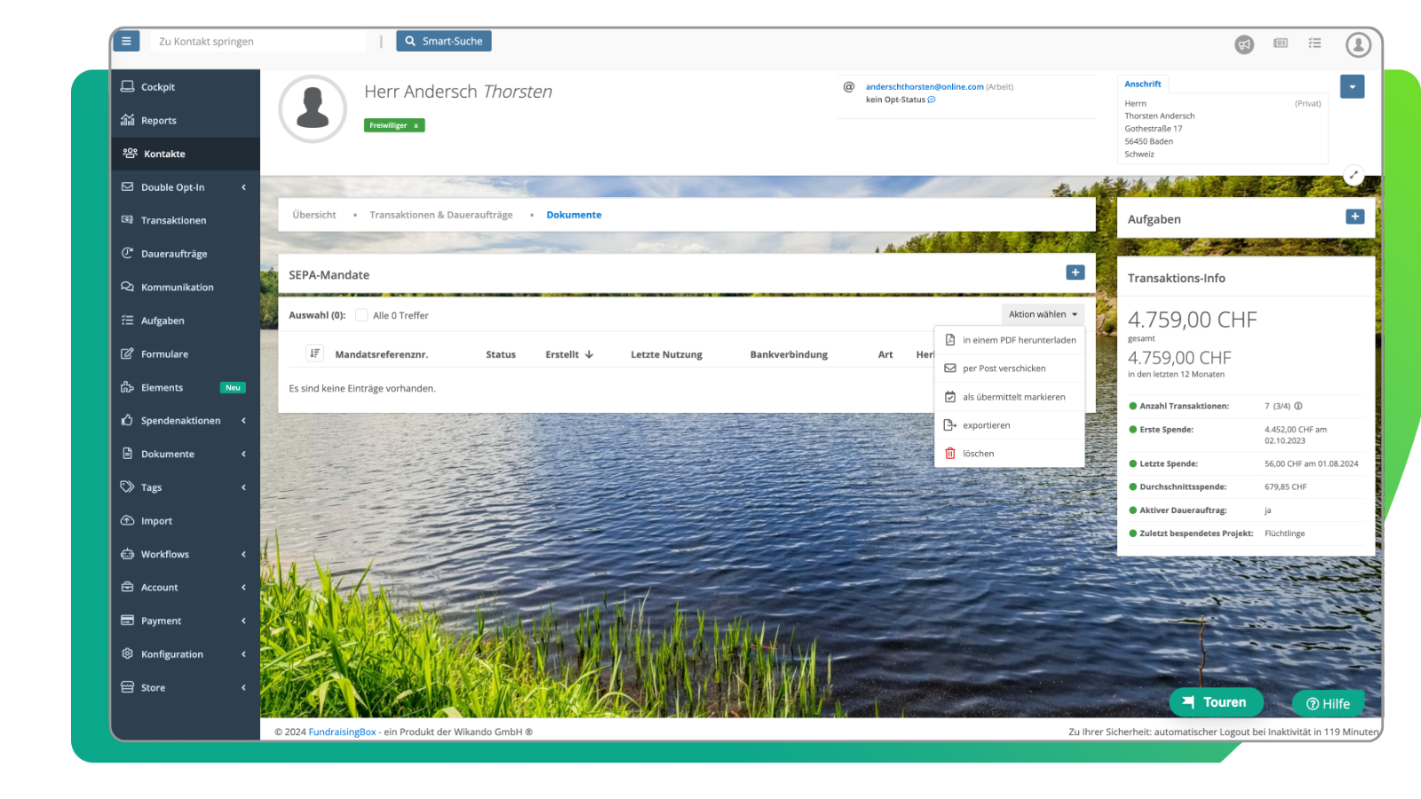 Ansicht Spendenquittungen in der FundraisingBox