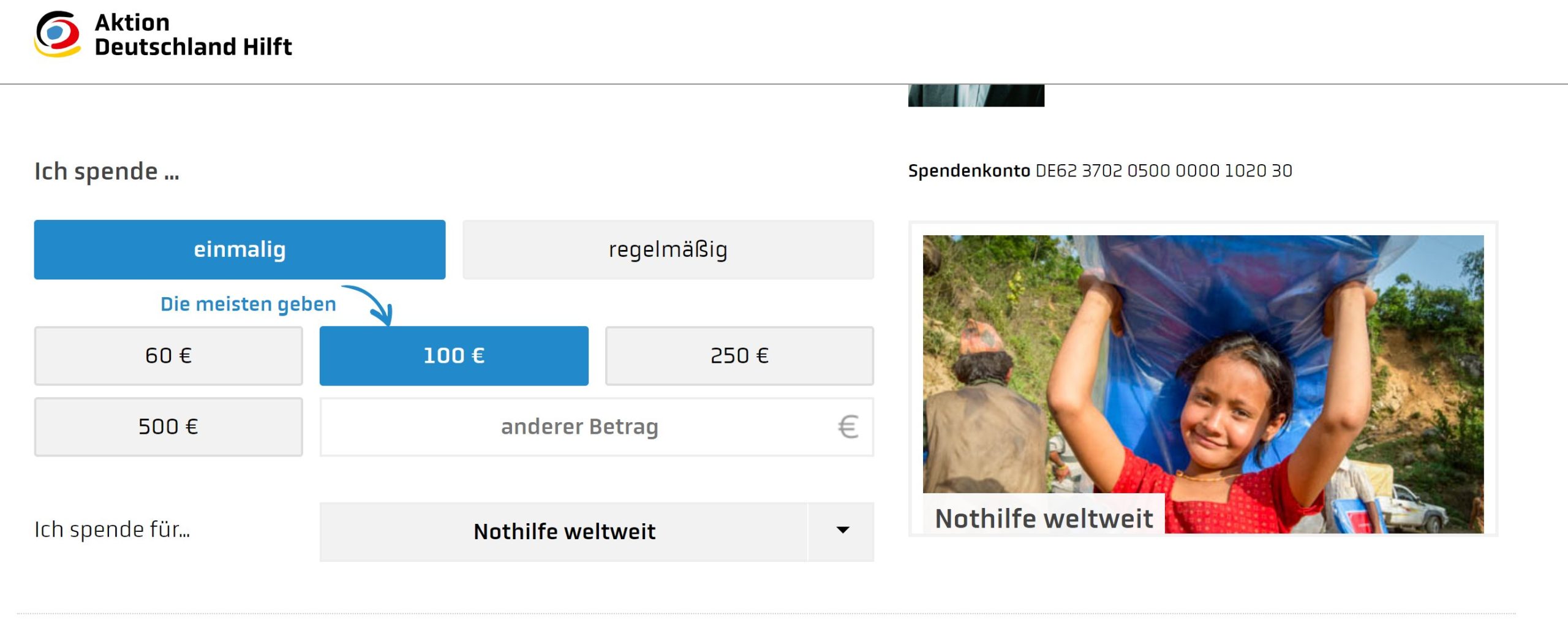Spendenformular von Aktion Deutschland Hilft mit Social Proof "Die meisten spenden..." mit Pfeil zum mittleren Spendenbetrag
