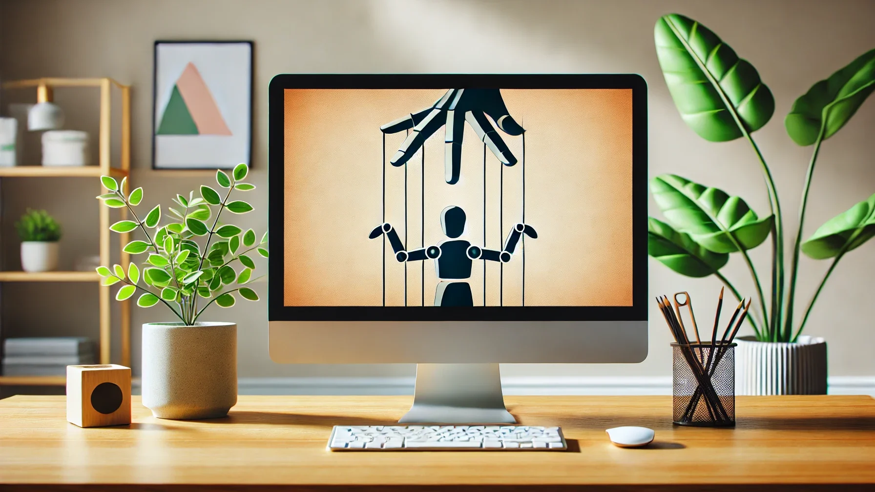 Ein Computer Bildschirm zeigt eine Holzmarionette, die von einer Hand gehalten und bewegt wird