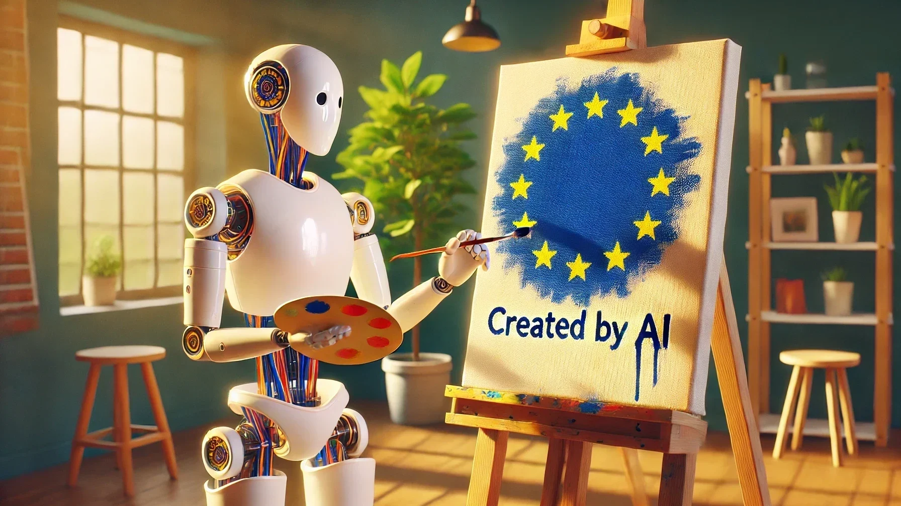 Ein Roboter malt ein Bild auf einer Staffel. Darauf steht "Created by AI"