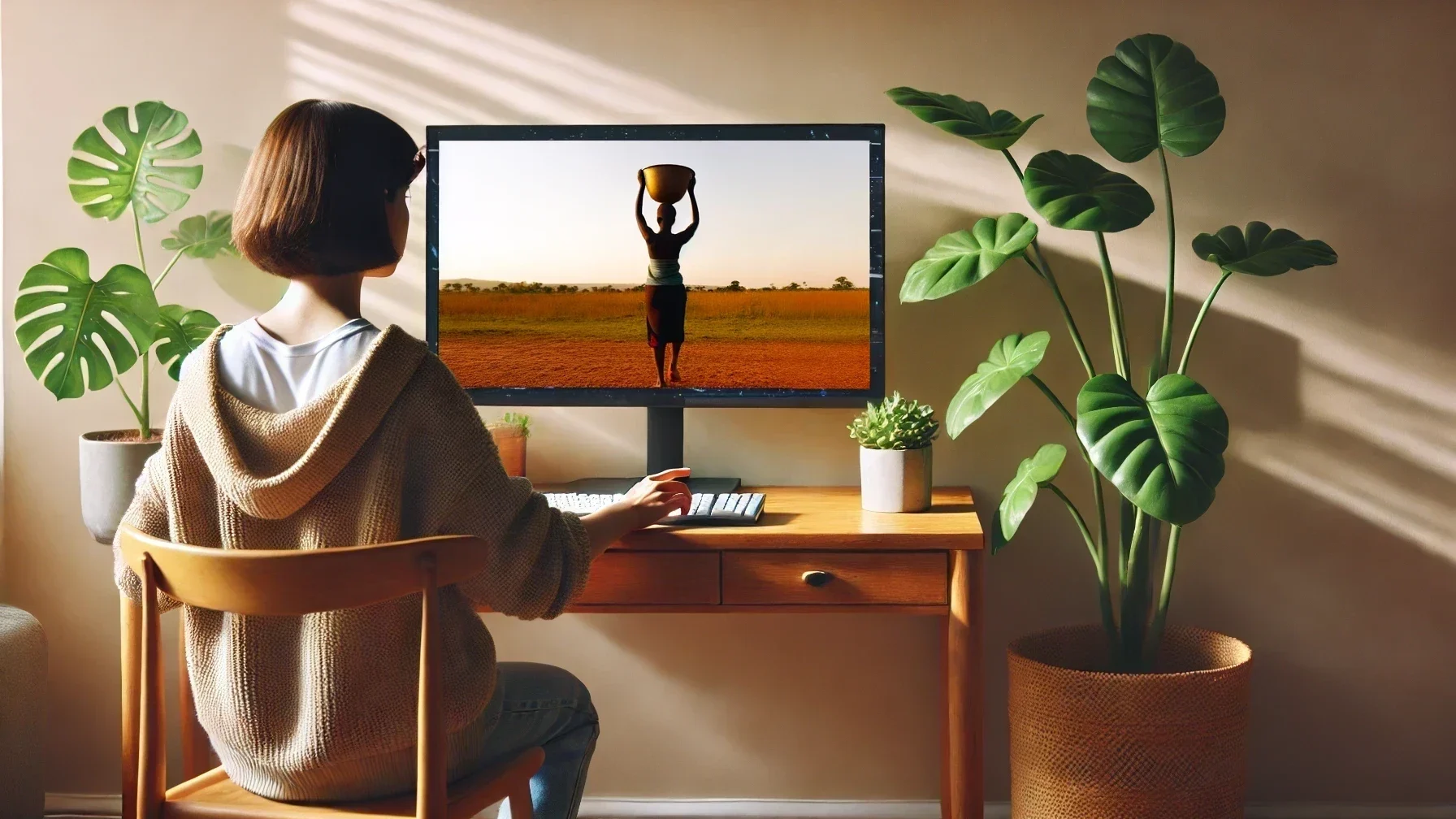 Eine Frau sitzt am Schreibtisch und schaut auf den Bildschirm