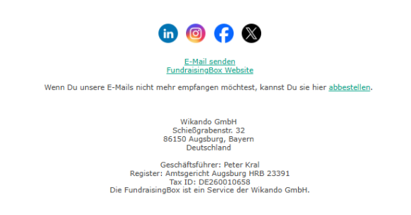 Screenshot der Fußzeile eines FundraisingBox-Newsletters mit Abmeldelink