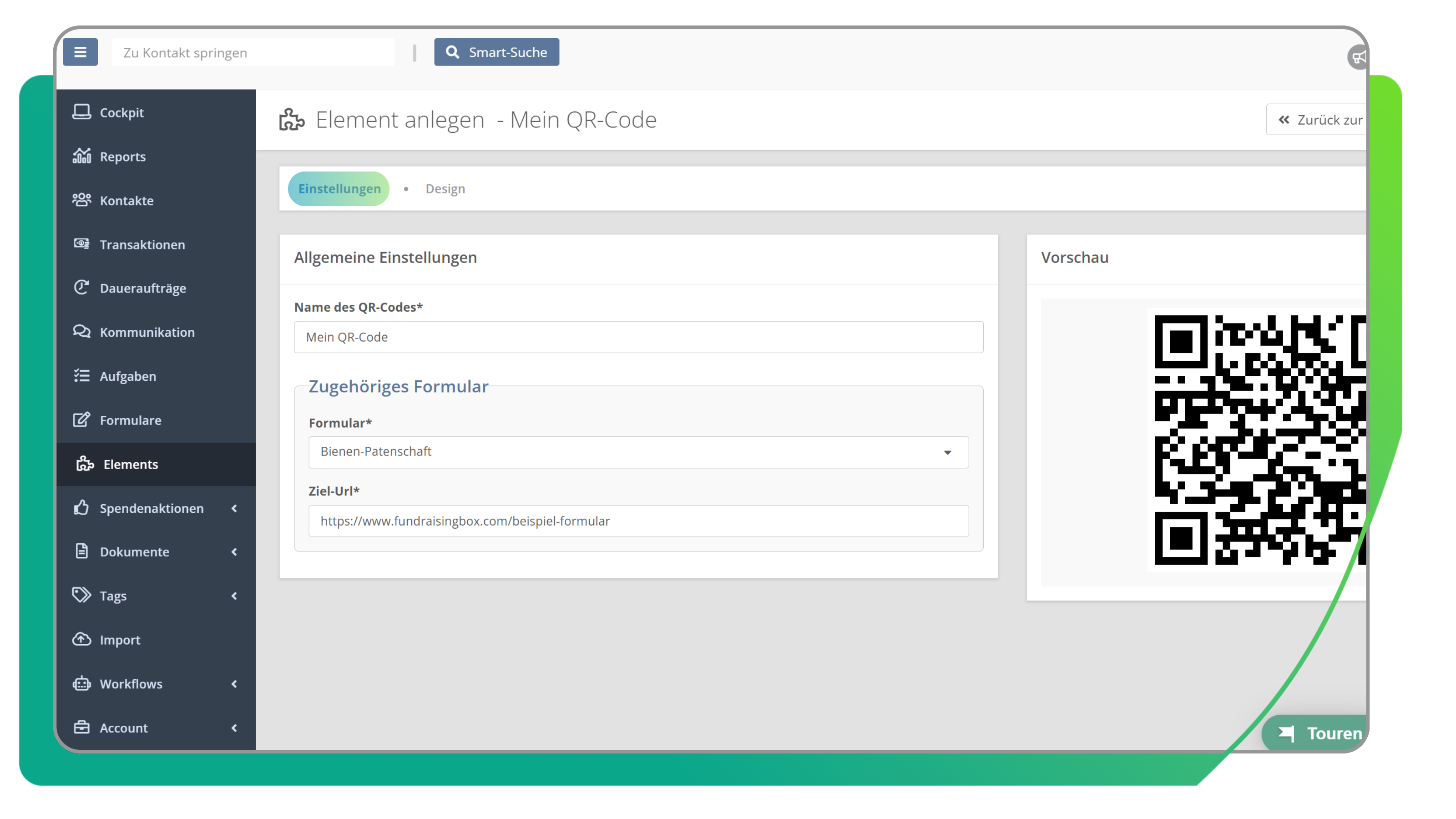 Elements in der FundraisingBox QR-Code Einstellungen