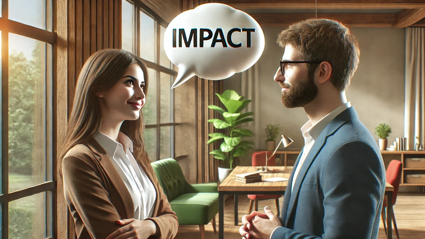 Eine Frau und ein Mann im Büro mit einer Sprechblase, in der "Impact" steht - Wirkungskommunikation