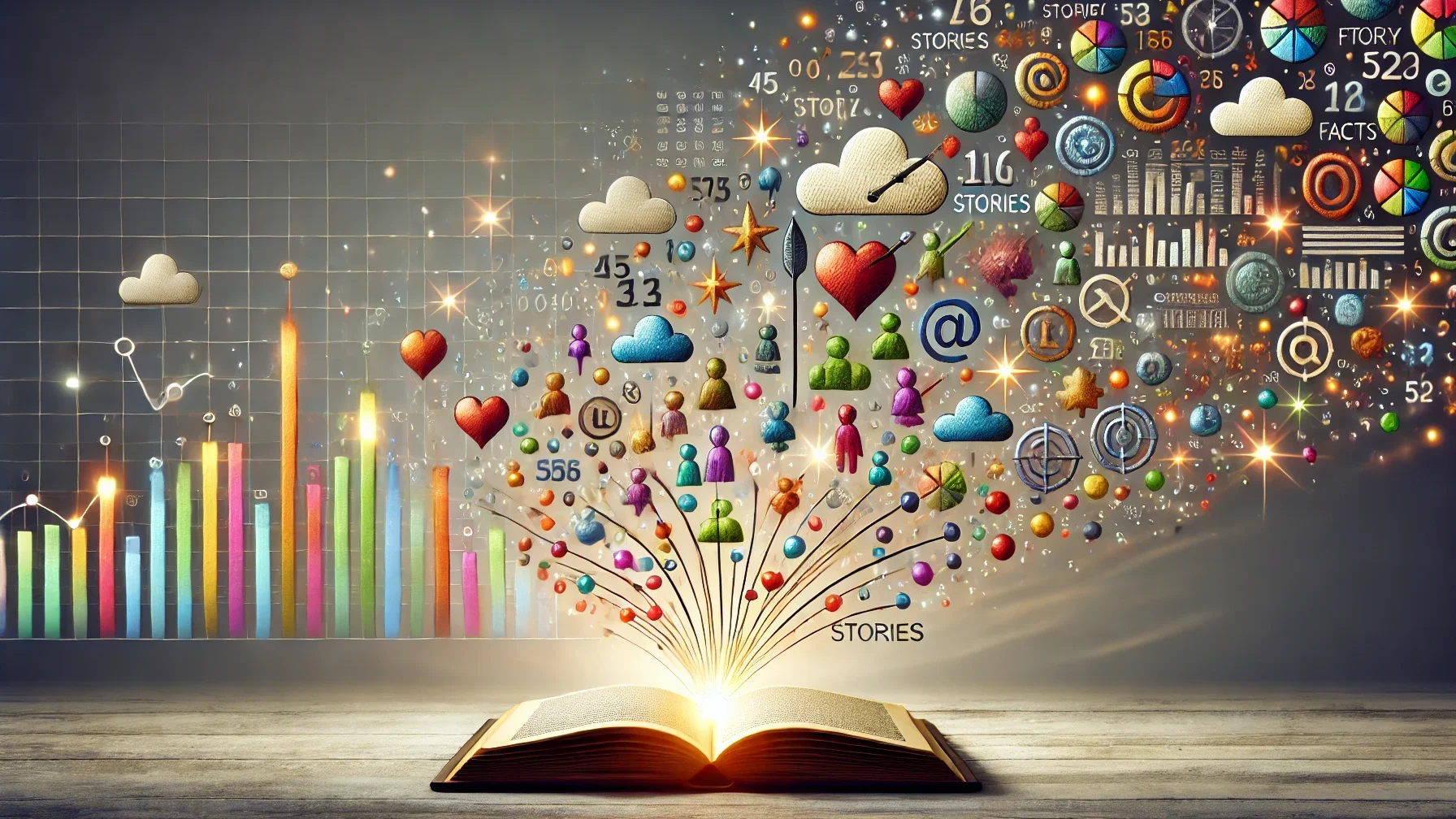 Ein offenes Buch, aus dem Symbole für Geschichten herauskommen, daneben sind Statistiken abgebildet - Wirkungskommunikation mit Storytelling