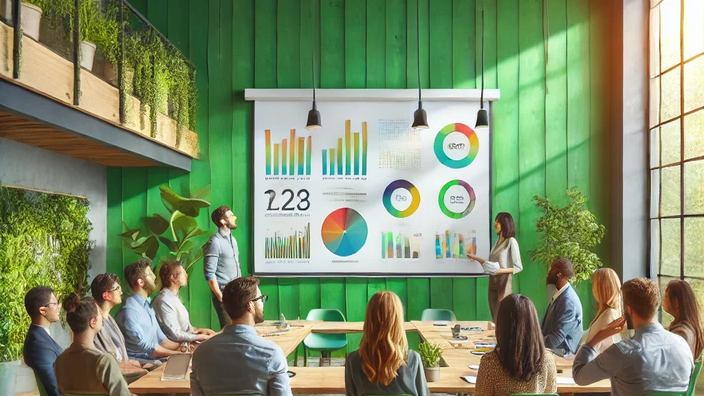 Personen in einem Besprechungsraum, die auf eine Leinwand mit verschiedenen Grafiken schauen