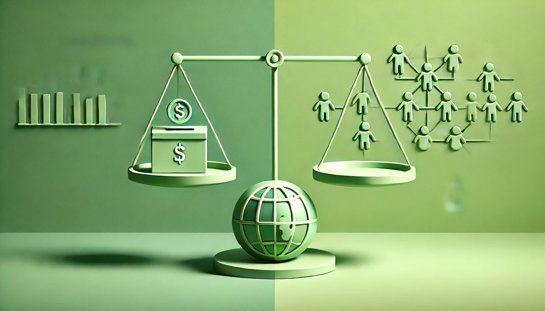 Eine Waage vor grünem Hintergrund mit Symbolen für Fundraising und Programm in NGOs